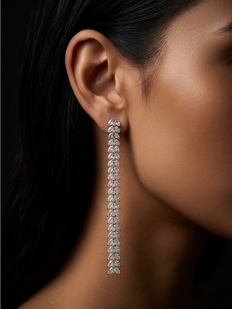 18k Gold Plated American Diamonds (Zirconia) Leaf Drop Earrings In Pink & Mint